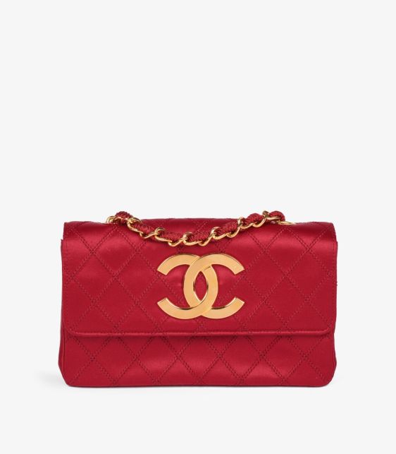 Red Quilted Satin Vintage XL Rectangular Mini Flap Bag