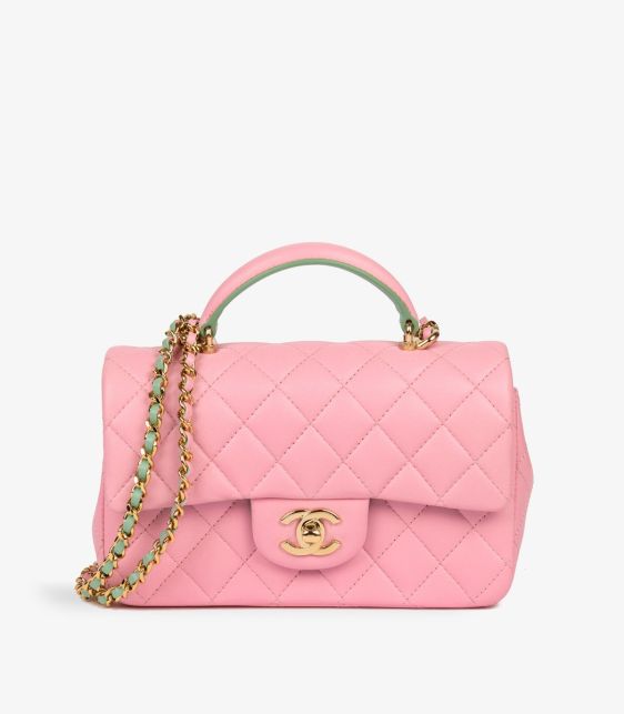 Pink & Green Quilted Lambskin Rectangular Mini Flap Bag with Top Handle