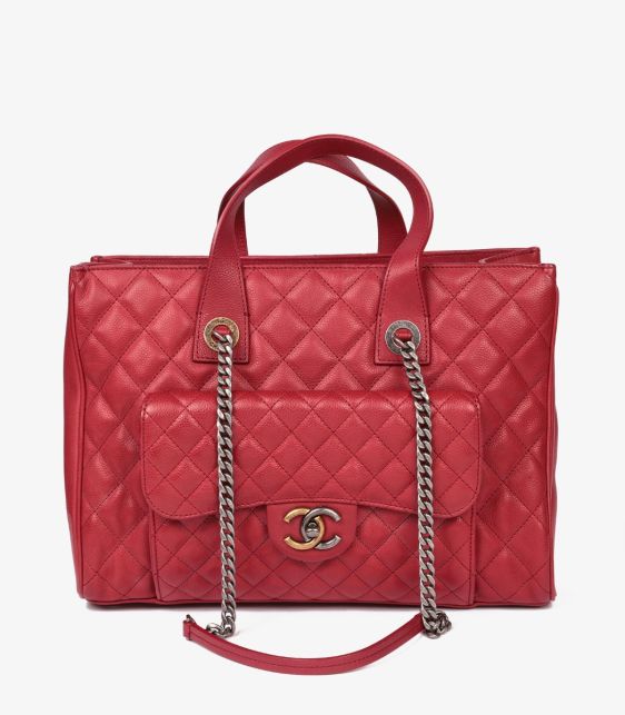 Burgundy Quilted Caviar Leather Large Casual Pocket Tote