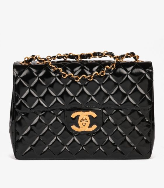 Black Quilted Patent Leather Vintage Jumbo XL Classic Single Flap Bag