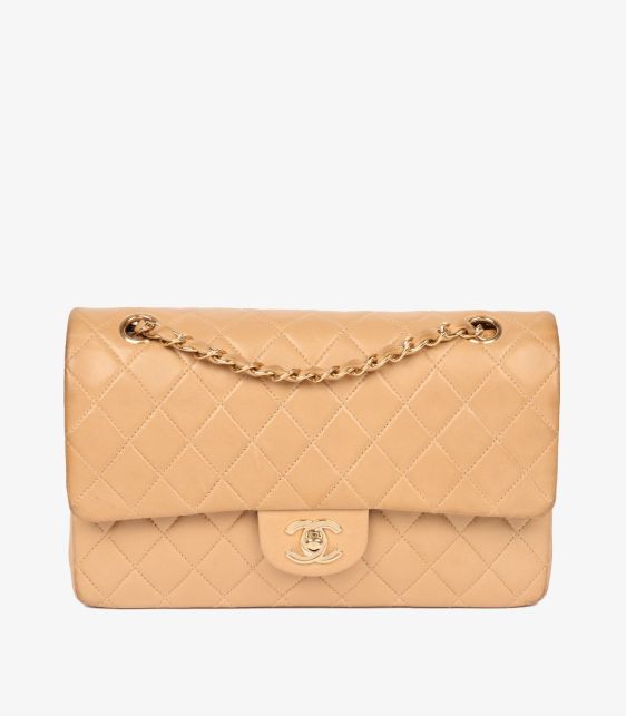 Beige Quilted Lambskin Leather Vintage Medium Classic Double Flap Bag