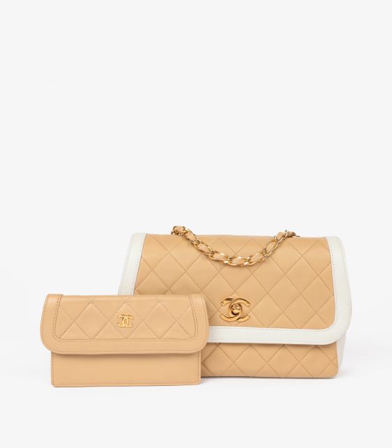 Beige & White Quilted Lambskin Vintage Small Classic Single Flap Bag with Wallet