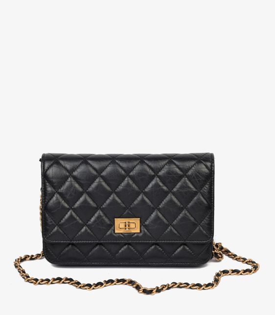 Black Quilted Crinkled Calfskin Leather 2.55 Reissue Wallet-on-Chain