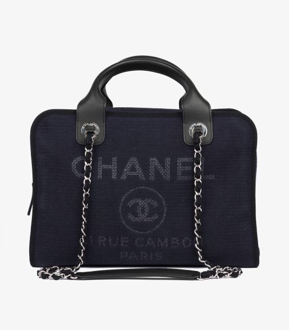 Navy Canvas & Black Calfskin Leather Deauville Bowling Bag