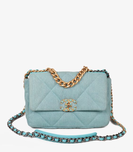 Light Blue Quilted Denim & Turquoise Lambskin Leather Small 19 Flap Bag