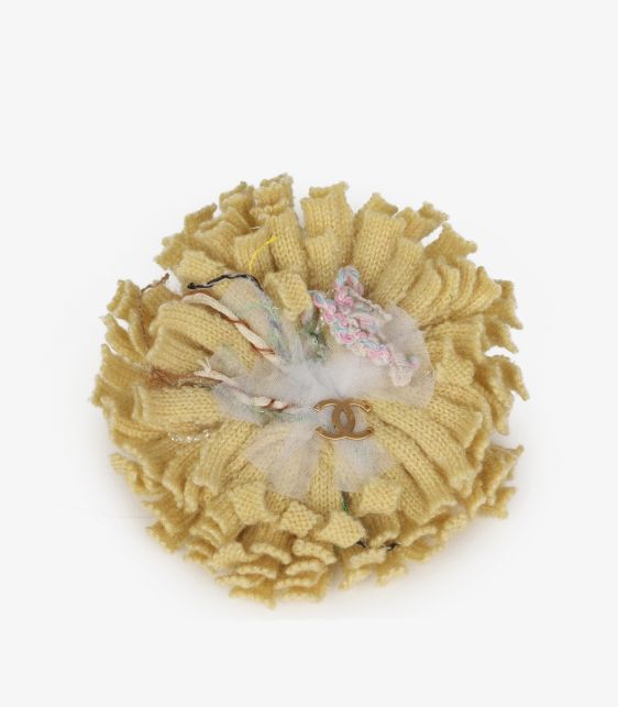 Beige Knitted Cotton Thread Detail Camellia Pin