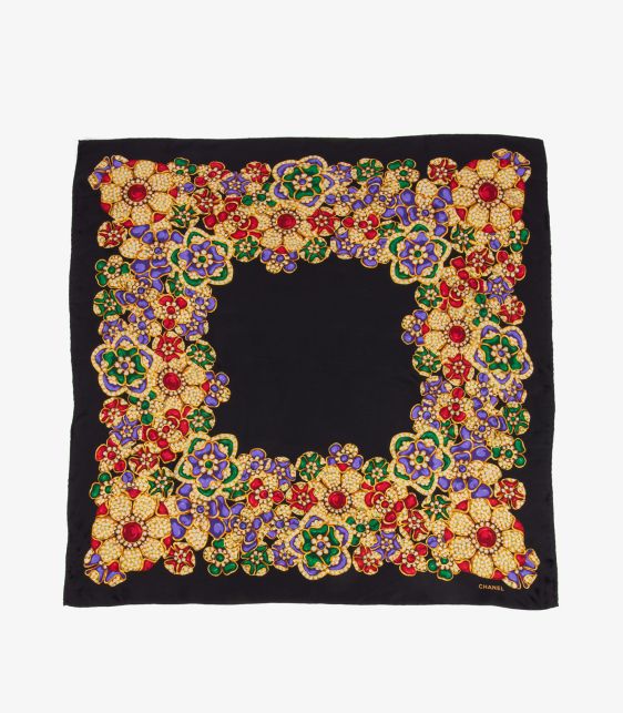 Black, Red, Purple, & Green Silk Vintage Flower Scarf