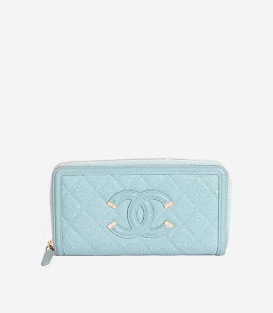 Chanel Light Blue Caviar Quilted Leather CC Filigree Zip Wallet at Xupes