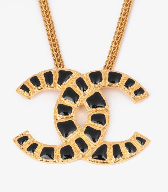 Black Resin Gold Tone Egyptian CC Necklace