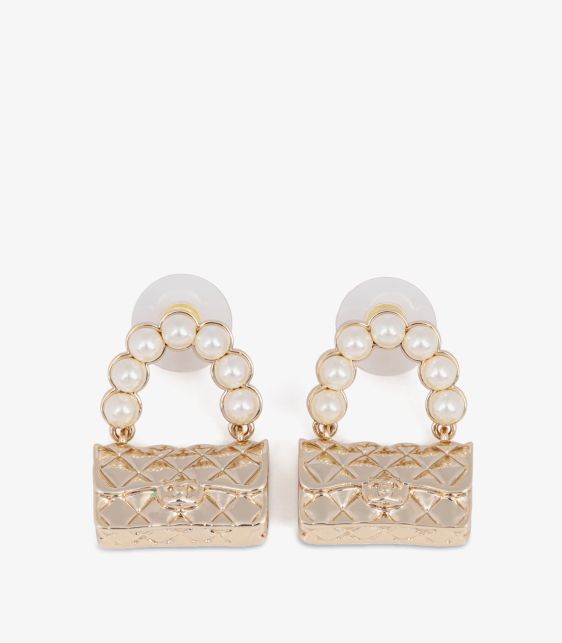Faux Pearl Gold Tone Quilted Flap Bag Earrings