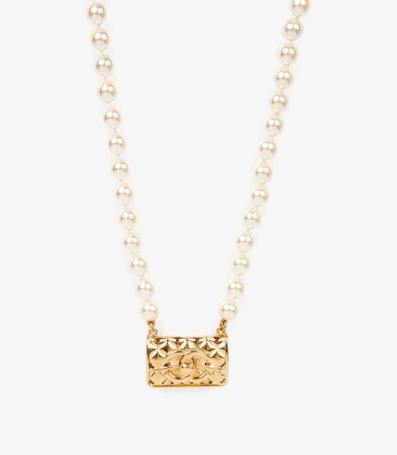 Faux Pearl Gold Tone Quilted Flap Bag Necklace