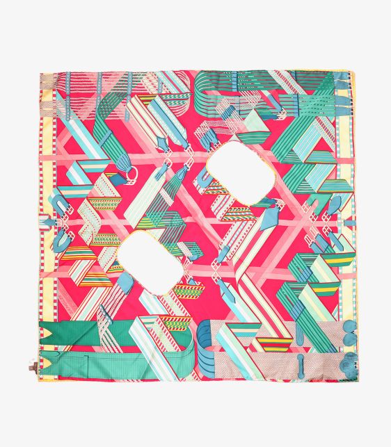 Hermès Lime, Tosca, Rose Tyrien & Vert Verone Silk Sangles En Zigzag Carrè Petit H Shrug at Xupes
