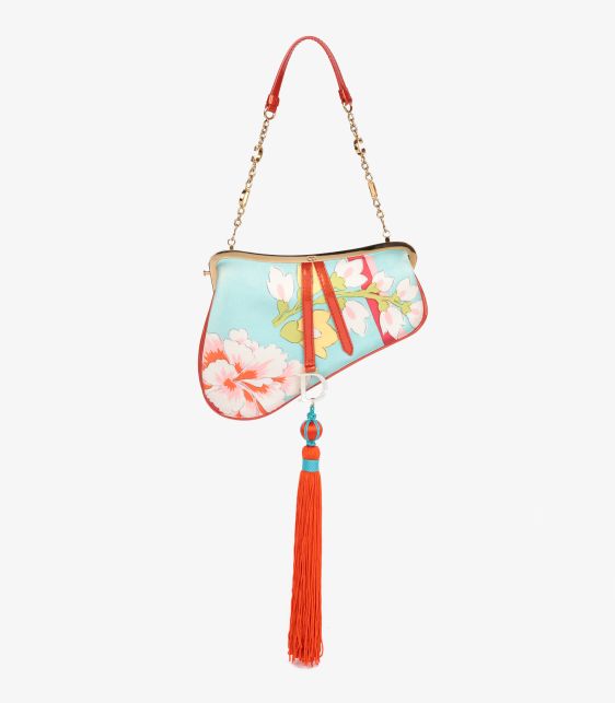 Light Blue Floral Silk & Red Patent Leather Vintage Tassel Mini Saddle Bag