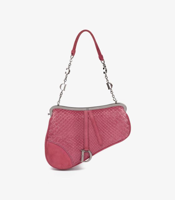 Pink Snakeskin & Suede Vintage Mini Saddle Bag
