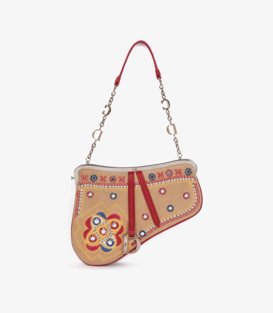 Multicolour Embroidered & Embellished Suede & Red Calfskin Leather Vintage Mini Saddle Bag