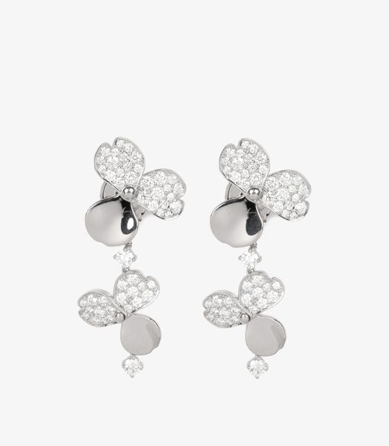 Pave Diamond Platinum Paper Flowers Drop Earrings