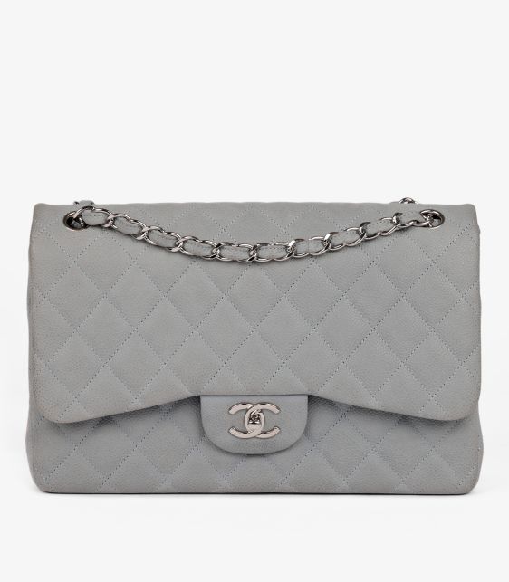 Grey Quilted Caviar Suede Jumbo Classic Double Flap Bag