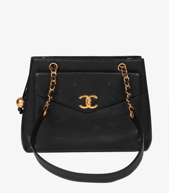 Black Caviar Leather Vintage Large XL Classic Shoulder Tote