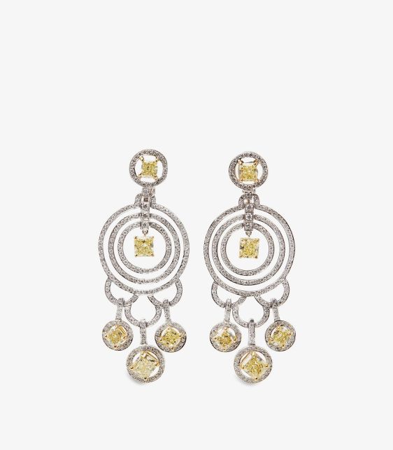 Cushion Cut Yellow Diamond 18ct White Gold Chandelier Earrings
