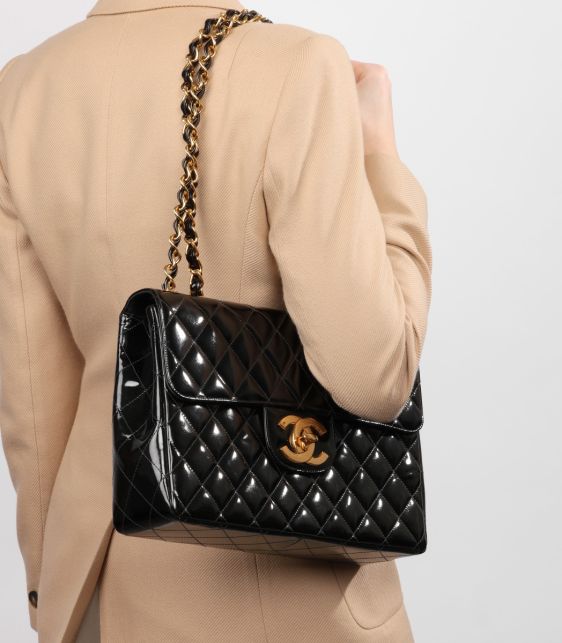 Black Quilted Patent Leather Vintage Jumbo XL Classic Single Flap Bag
