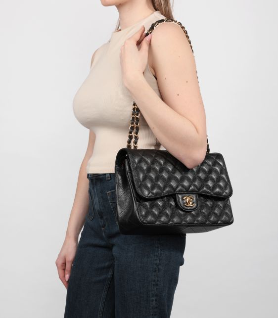Black Quilted Caviar Leather Jumbo Classic Double Flap Bag