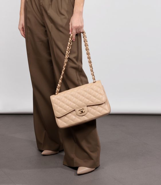 Beige Caviar Leather Jumbo Classic Double Flap Bag