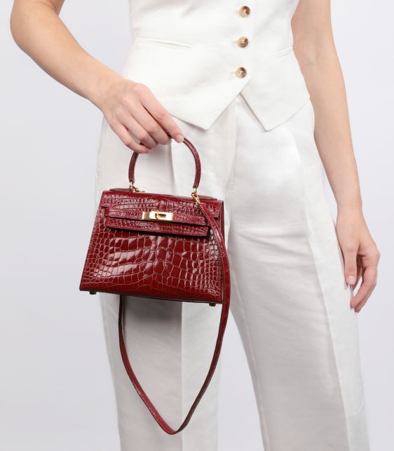 Rouge H Shiny Porosus Crocodile Leather Vintage Kelly 20cm