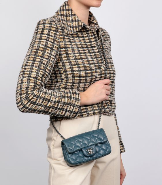 Teal Quilted Aged Lambskin Mini Rectangular Flap Bag