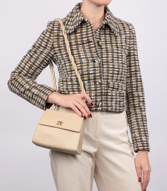 Cream Caviar Leather Vintage Braided Mini Trapeze Classic Single Flap Bag