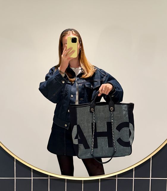 Blue & Navy Logo Printed Raffia Large Deauville Tote