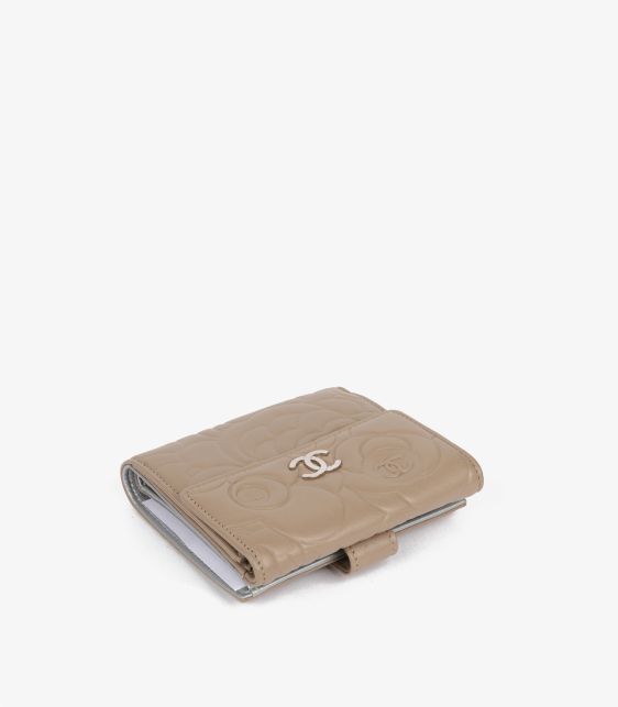 Taupe Camellia Embossed Lambskin Leather Classic Compact Wallet