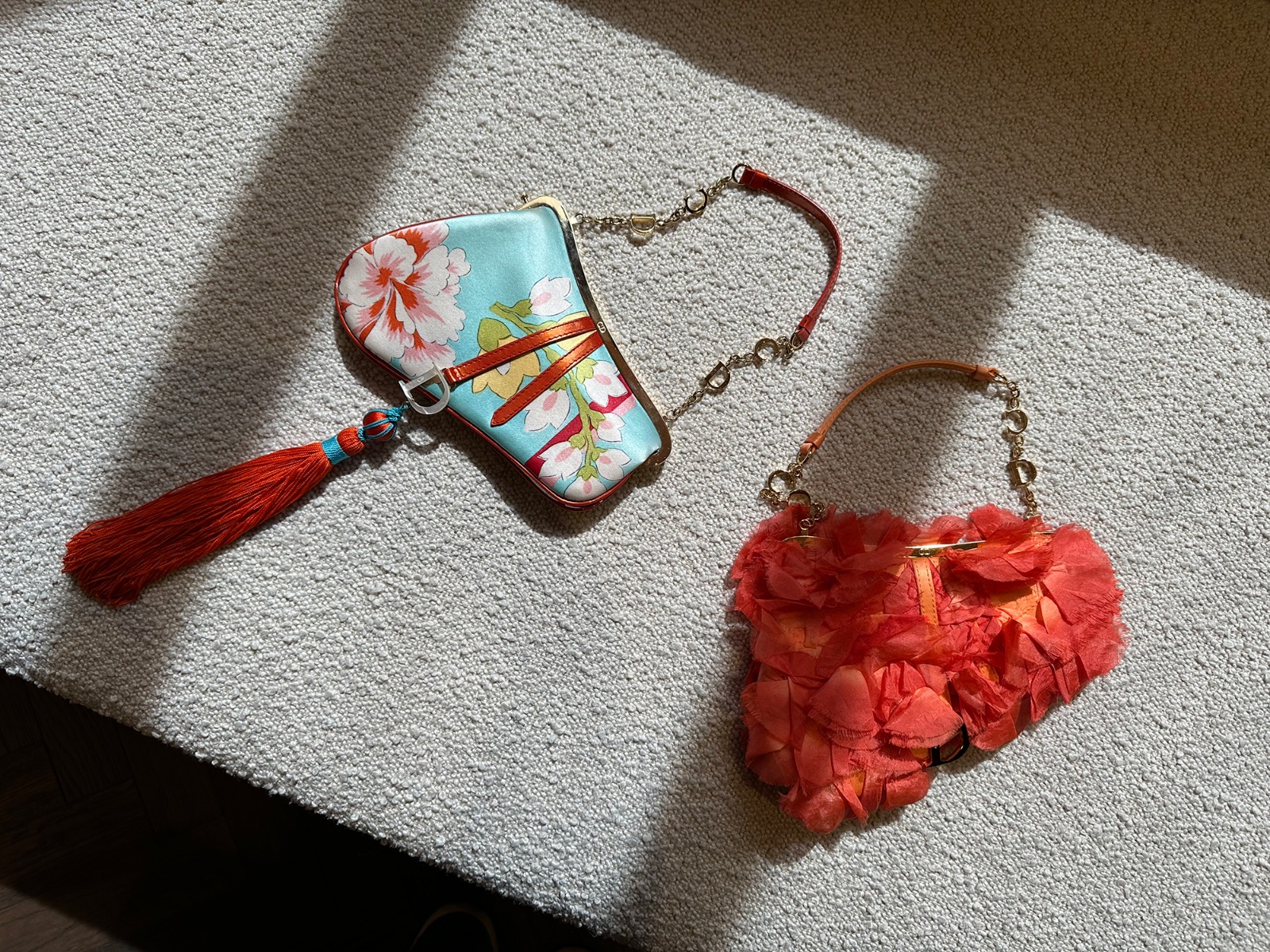 2003 Runway Limited Edition Christian Dior Coral Silk Vintage Rose Petal Mini Saddle Bag and Christian Dior Light Blue Floral Silk & Red Patent Leather Vintage Tassel Mini Saddle Bag