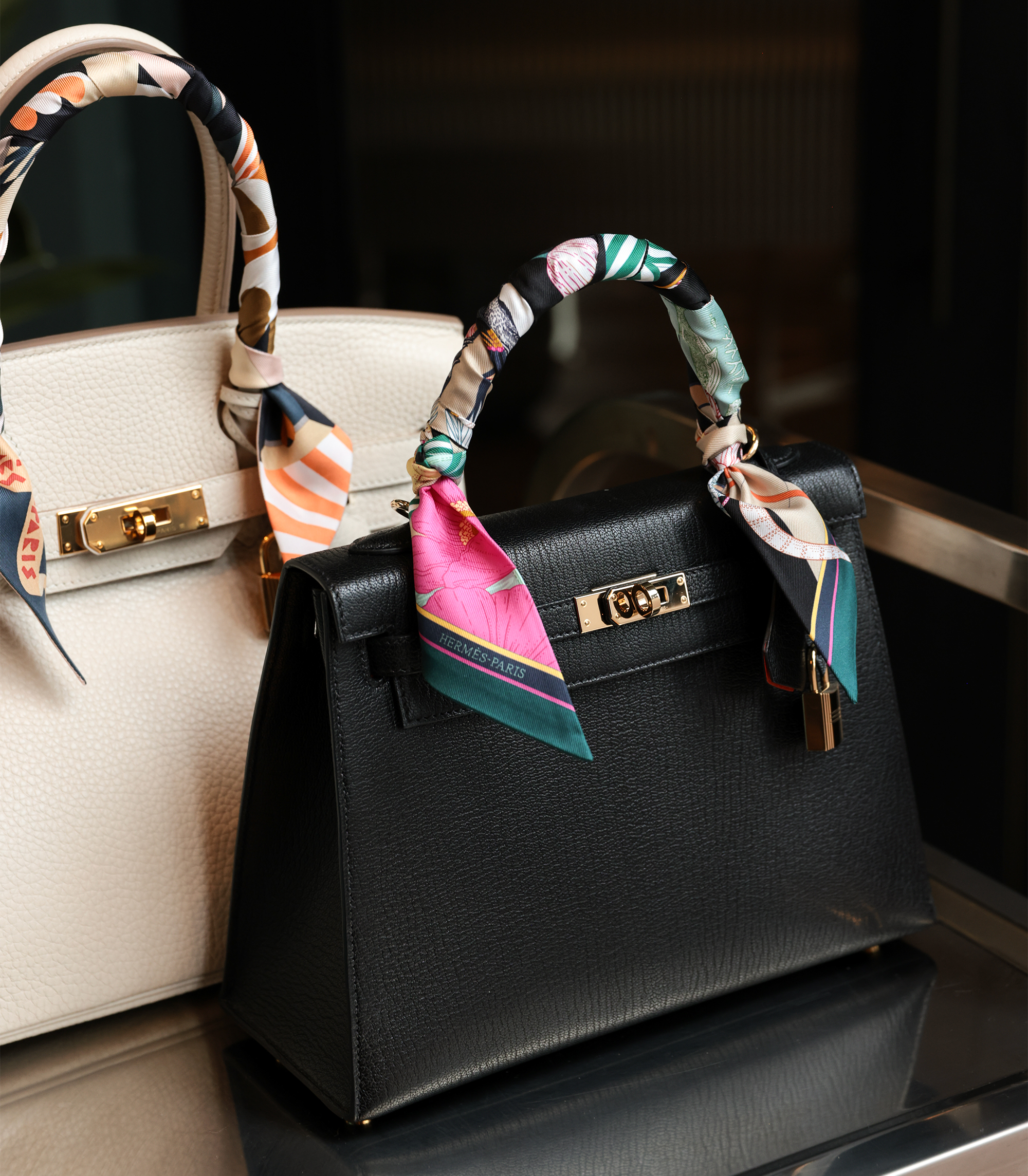 Hermès Black Kelly and Craie Birkin with Twilly Scarves on Handles
