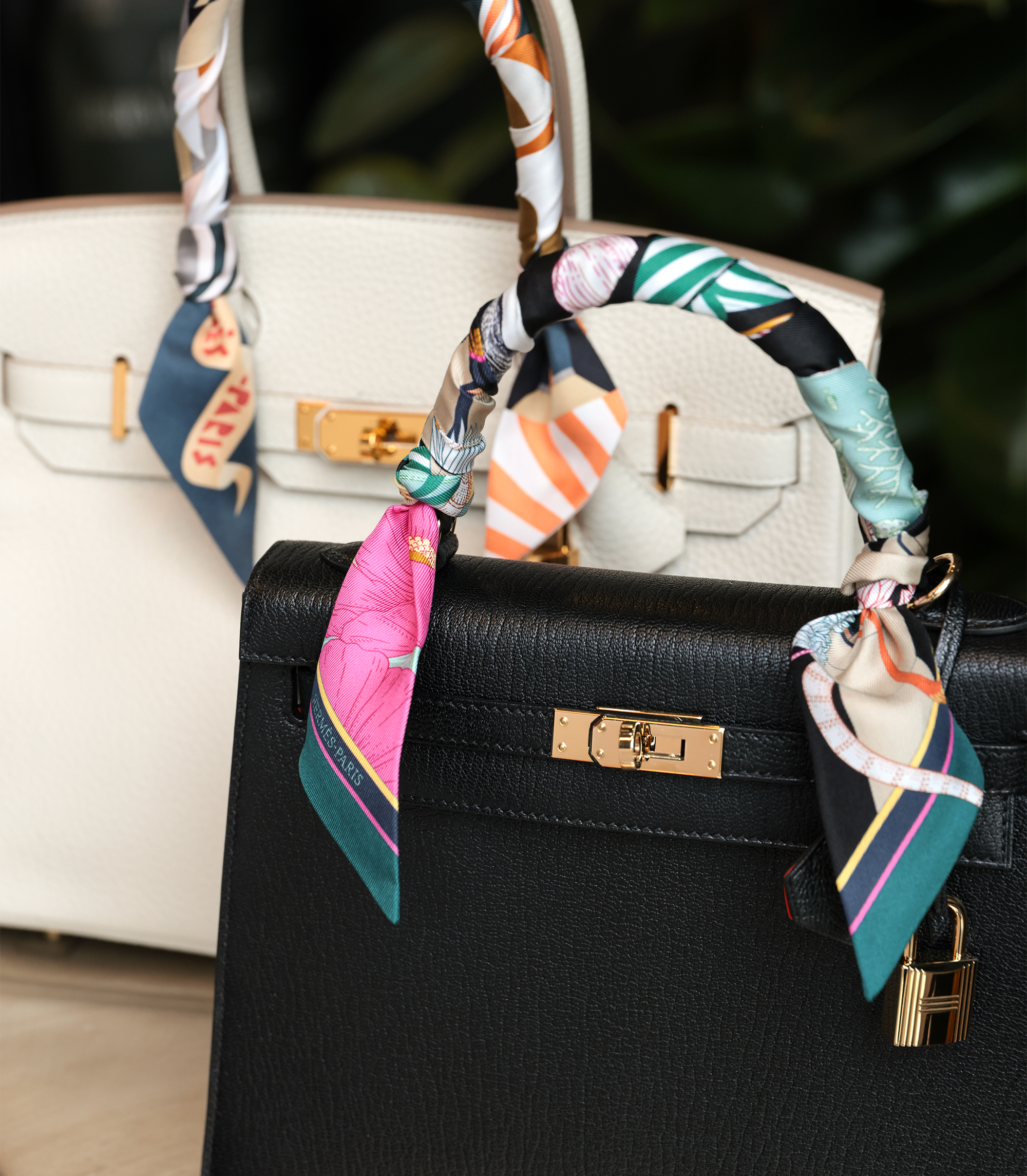 Hermès Black Kelly and Craie Birkin with Twilly Scarves on Handles